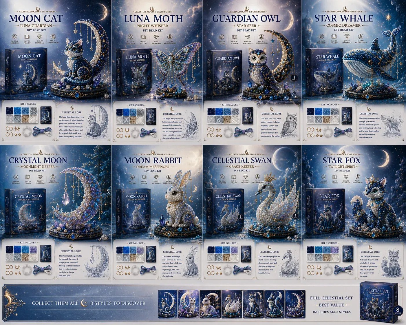 ๐ Moon Cat Luna Guardian DIY Bead Kit | Celestial Moon & Stars Series
