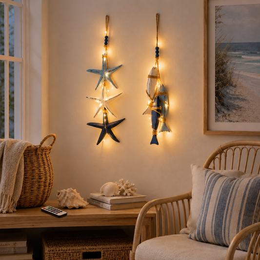 23.2 in × 6.7 in Lighted Coastal Wooden Starfish & Fish Hanging Decor