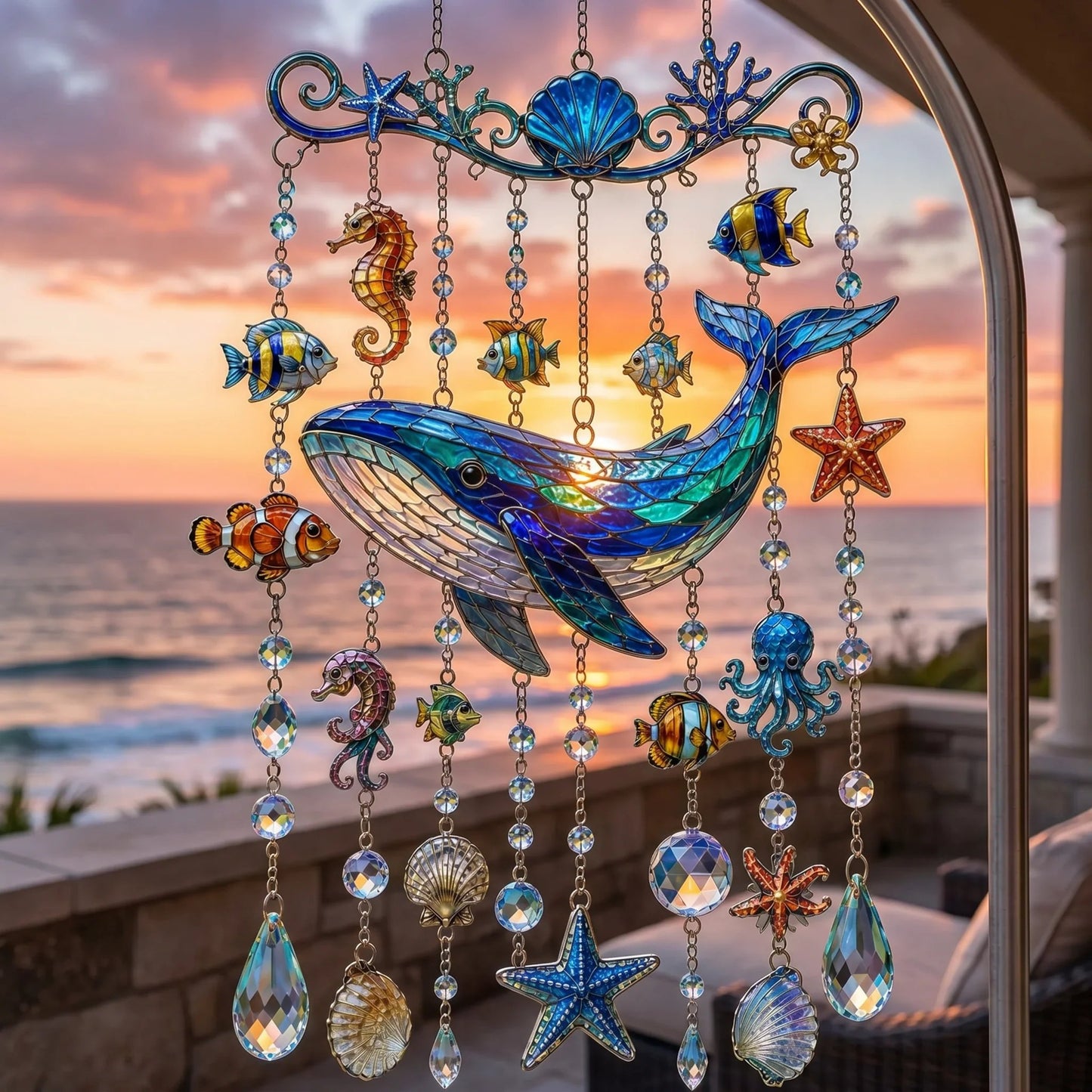 🐋🐢🐬Ocean-Themed Crystal Wind Chime – 🌊Bring the Ocean Glow to Your Garden