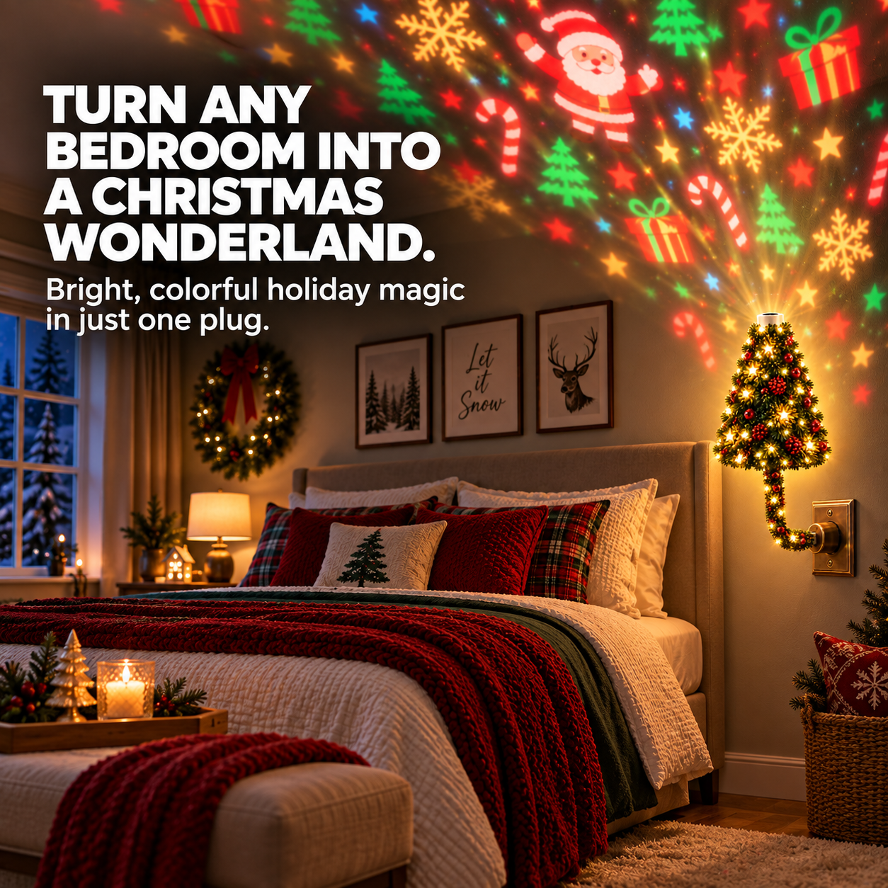 Christmas projection light creating a festive bedroom scene