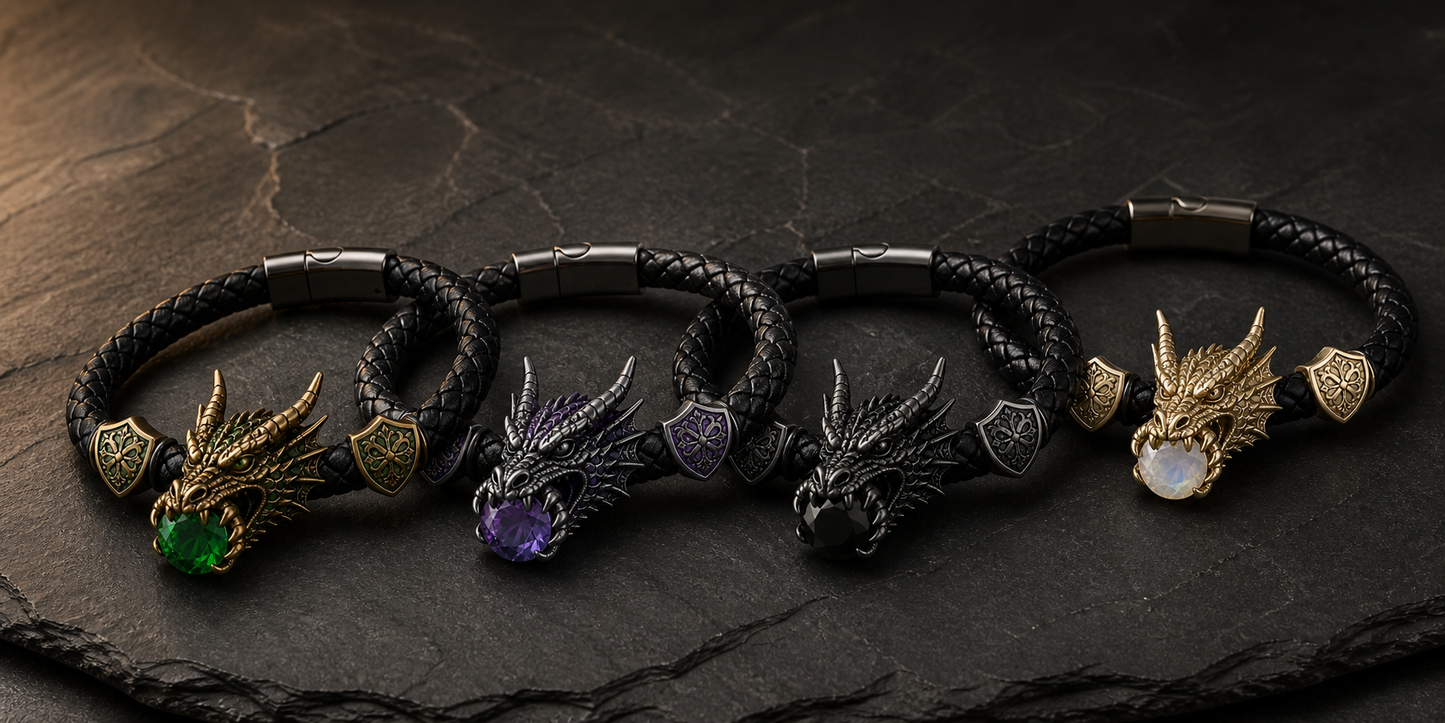 🐉 Dragonstone Guardian Bracelet | Sculpted Western Dragon Leather Bracelet – 6 Legendary Styles