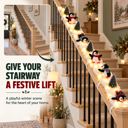 Playful Penguin Snowy Stair Railing Decor