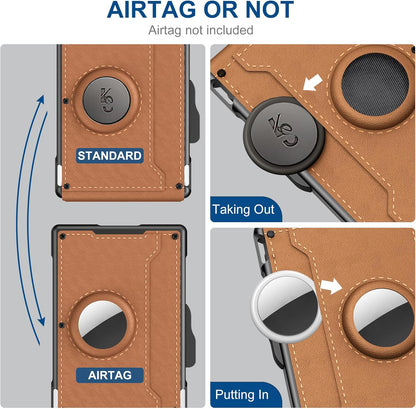AirTag Wallet for Men - with Pop Up Aluminum Case Money Clip Slim Leather Slots Credit Card Holder RFID Blocking Bifold Minimalist Wallet