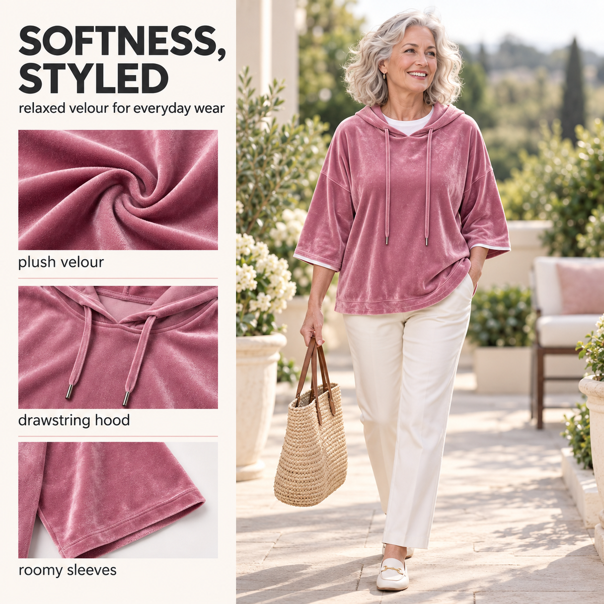 Women's Velour Oversized Hoodie 3/4 Sleeve