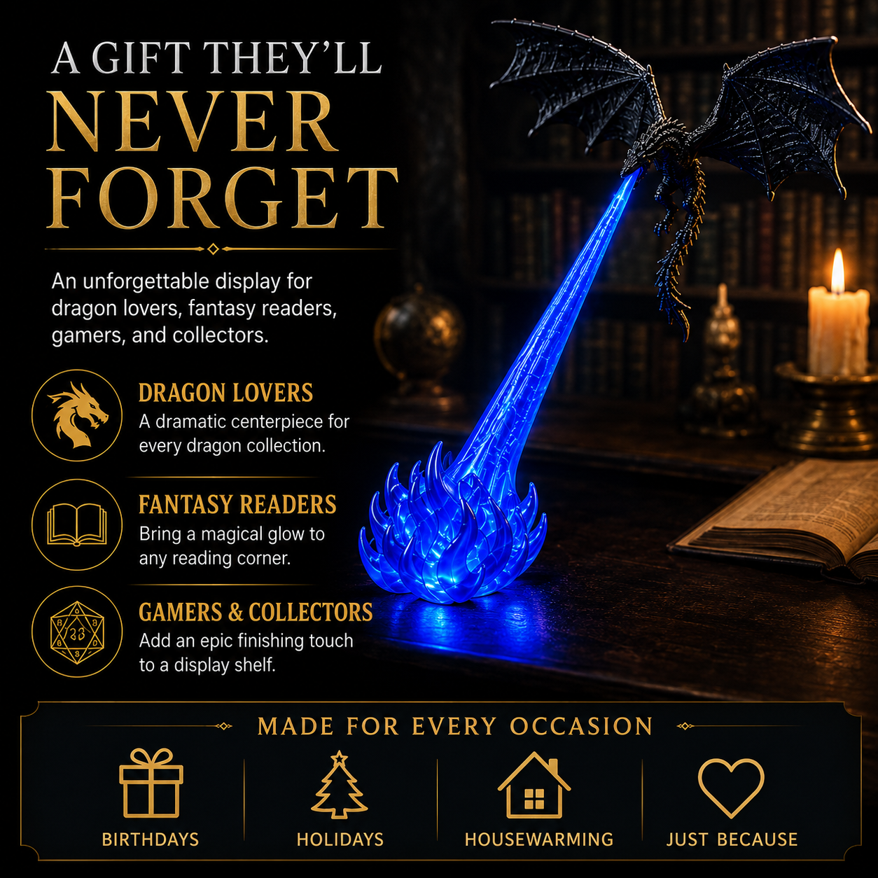 🔥 HOT SALE 🐉| 3D Fire-Breathing Dragon LED Display – Fantasy Bookshelf Decor with Glowing Flame