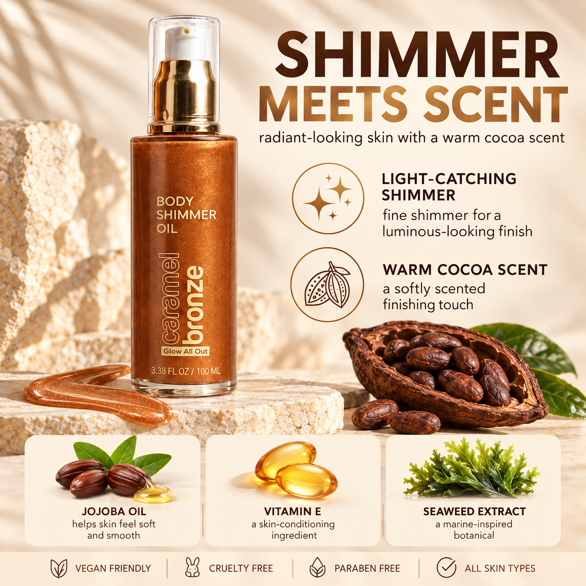 Body Glow Shimmer Oil, Caramel Bronze & Golden Nectar, 3.3 fl oz