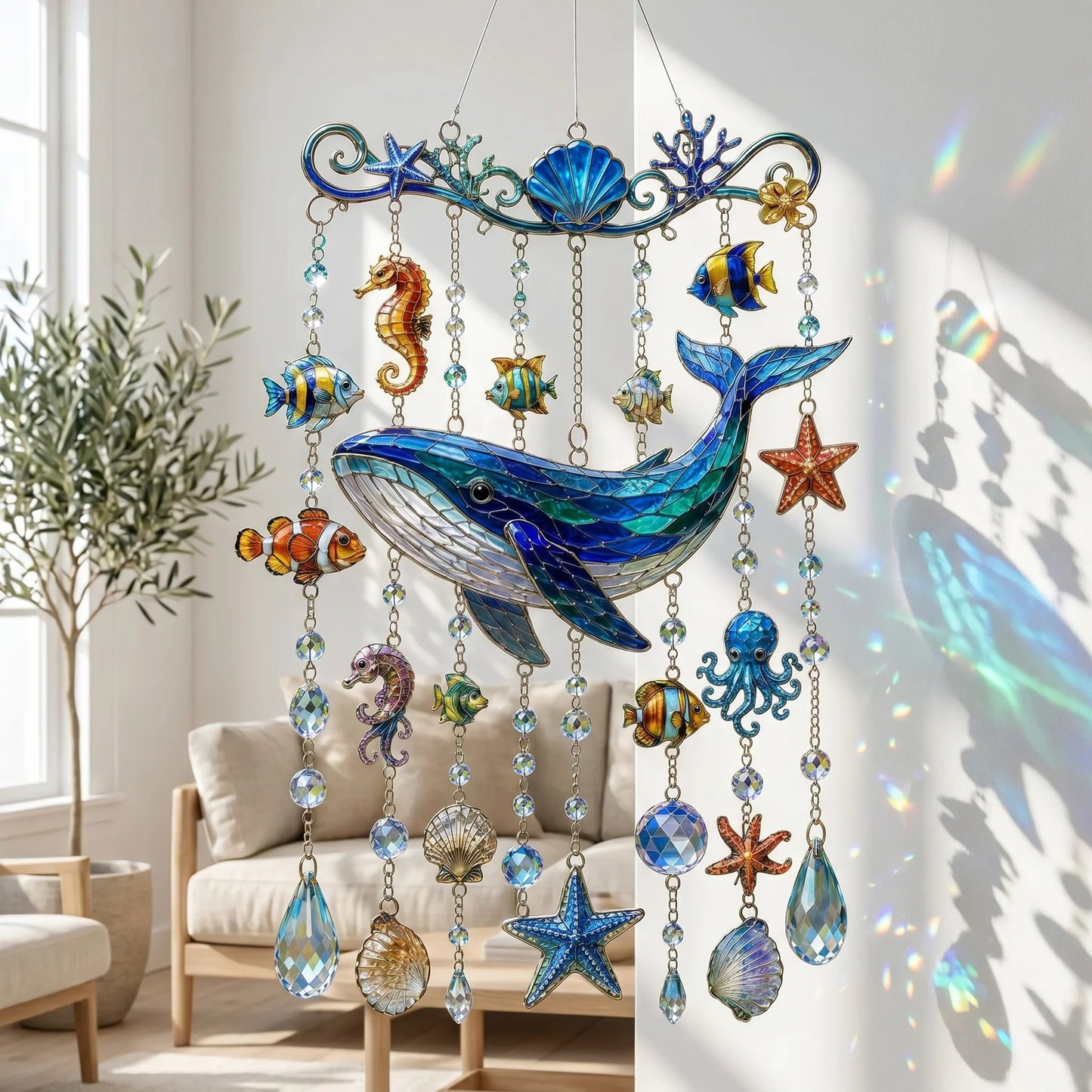 🐋🐢🐬Ocean-Themed Crystal Wind Chime – 🌊Bring the Ocean Glow to Your Garden