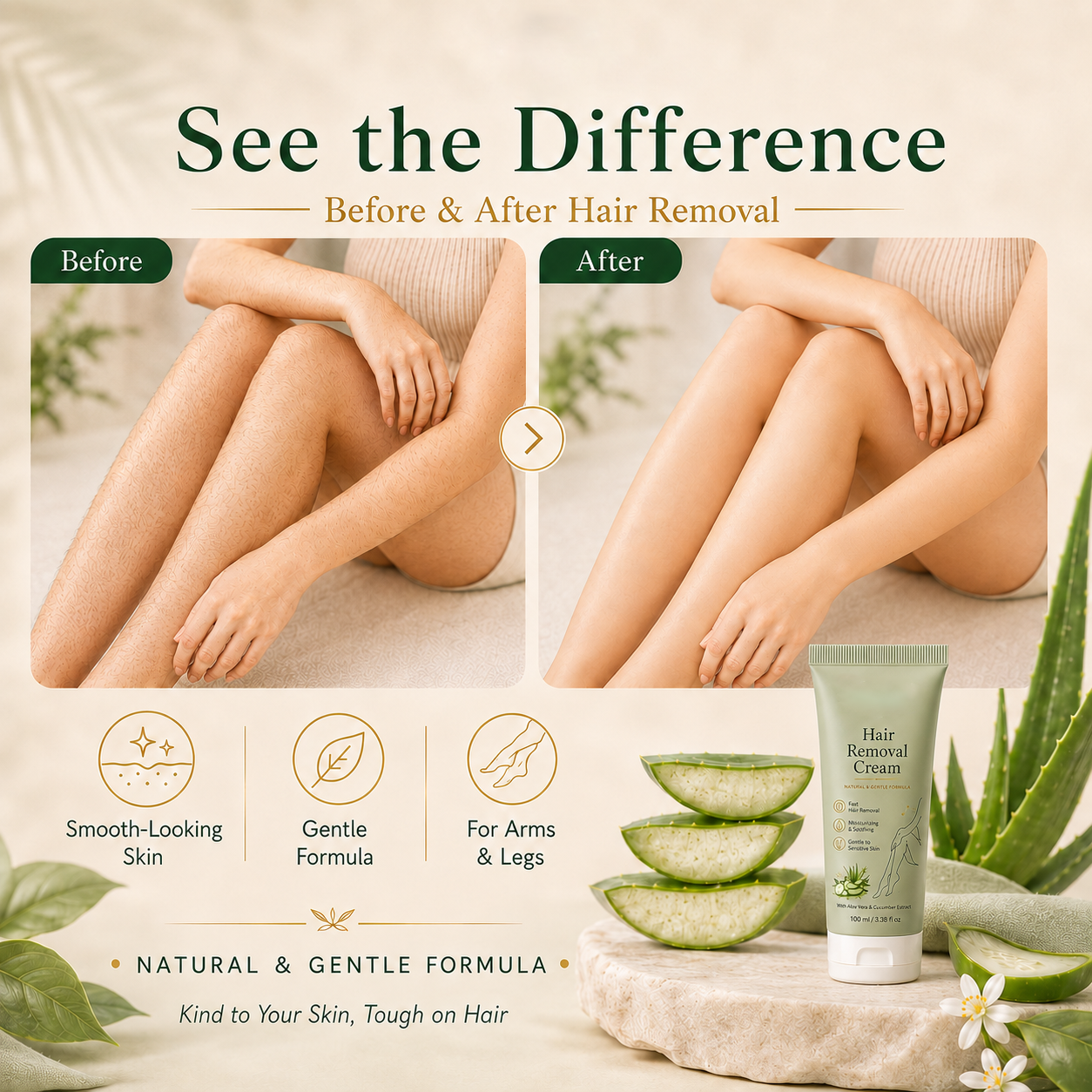 Natural Gentle Hair Removal Cream | For Women & Men, Sensitive Skin（ New and old packaging shipped at random.）