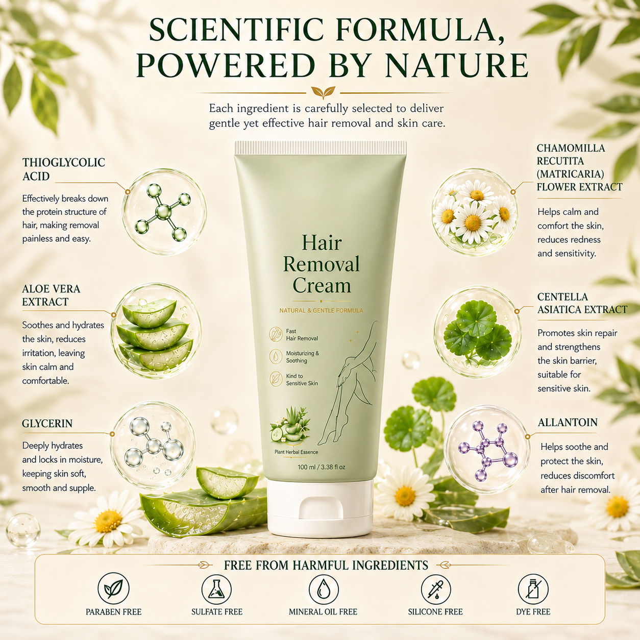 Natural Gentle Hair Removal Cream | For Women & Men, Sensitive Skin（ New and old packaging shipped at random.）