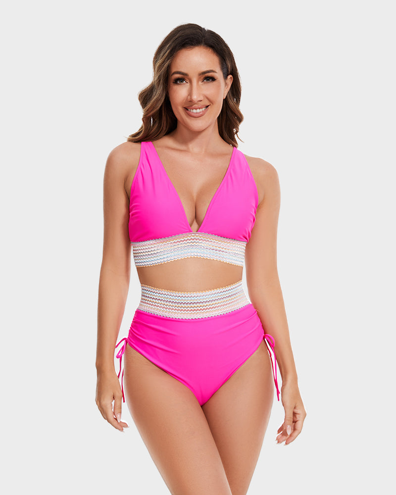 2026 High Waisted Tummy Control Color Block Bikini Sets