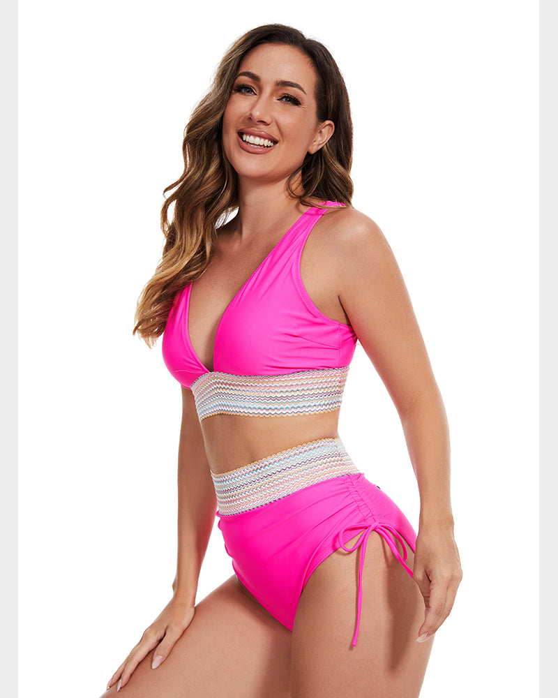 2026 High Waisted Tummy Control Color Block Bikini Sets