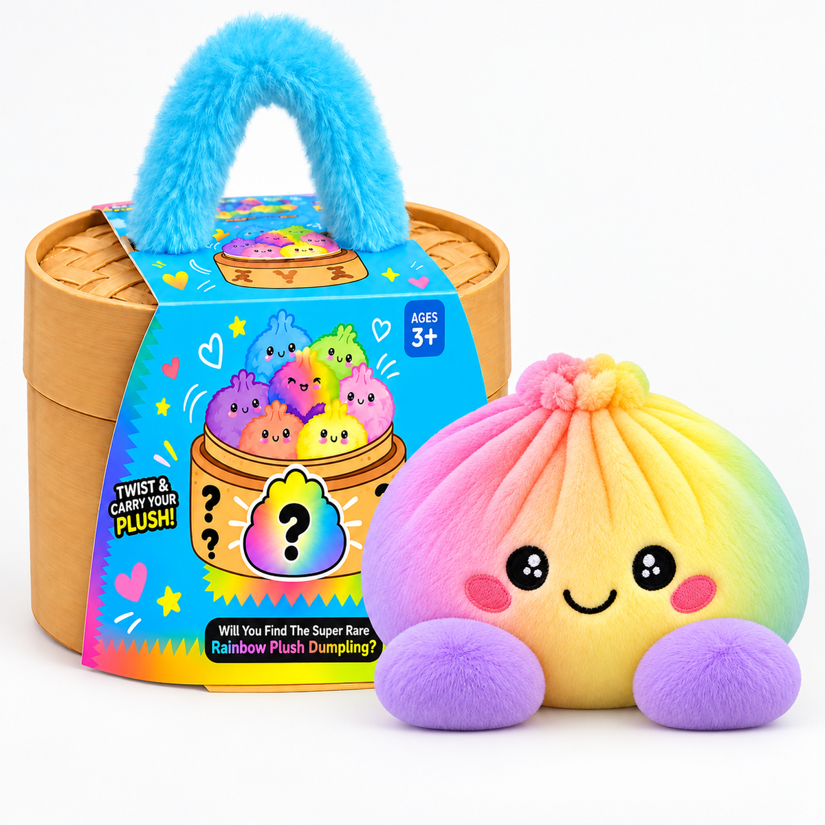 ✨Rainbow Dumpling Squishy Plush Toy with Imitation Bamboo Steamer, Christmas Decor Gift