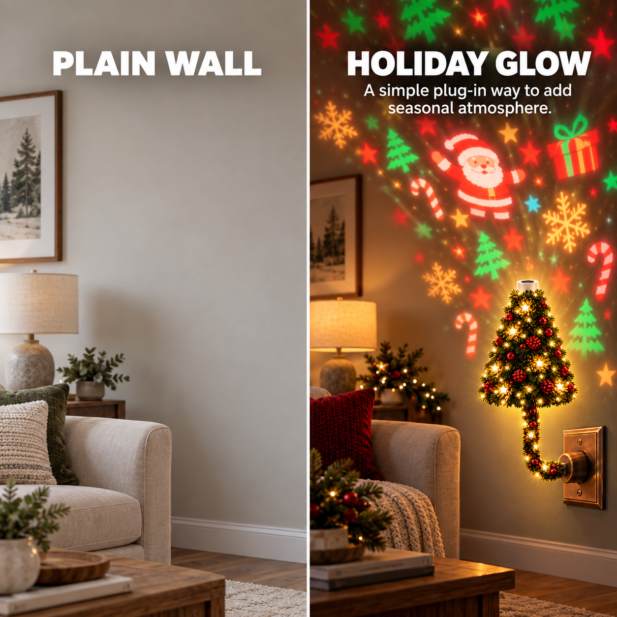 Before and after comparison showing a plain wall and a Christmas projection glow