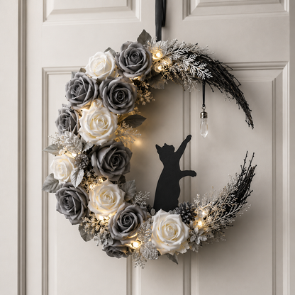 ✨Handmade Halloween Cat Wreath🐈‍⬛🌙