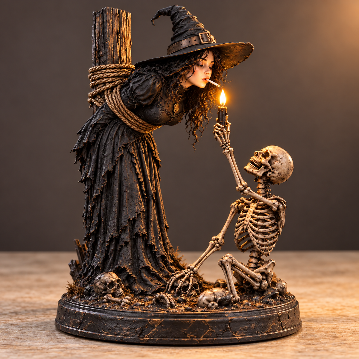 🖤 Light-Up Witch & Skeleton Gothic Figurine | Dark Halloween Tabletop Scene with Glowing Flame Detail 🔥