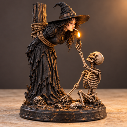 🖤 Light-Up Witch & Skeleton Gothic Figurine | Dark Halloween Tabletop Scene with Glowing Flame Detail 🔥
