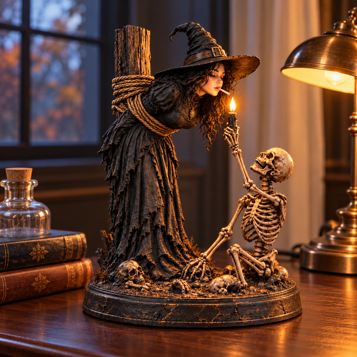 🖤 Light-Up Witch & Skeleton Gothic Figurine | Dark Halloween Tabletop Scene with Glowing Flame Detail 🔥