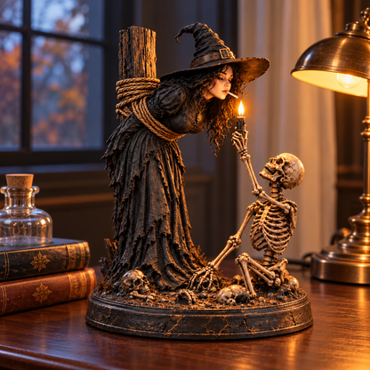 🖤 Light-Up Witch & Skeleton Gothic Figurine | Dark Halloween Tabletop Scene with Glowing Flame Detail 🔥