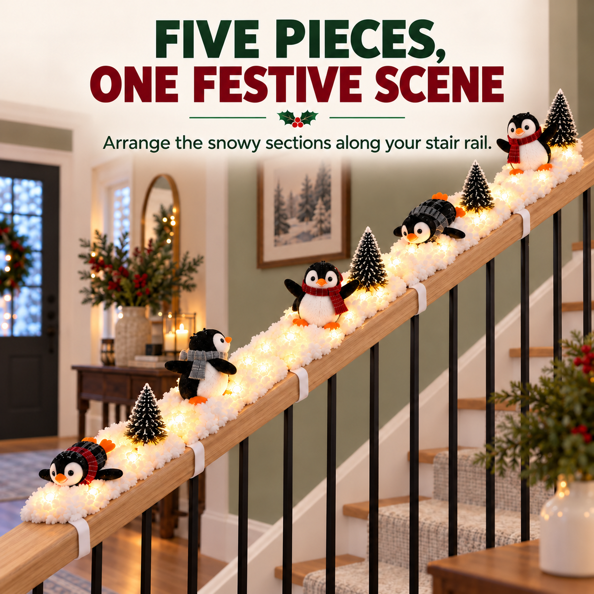 Playful Penguin Snowy Stair Railing Decor