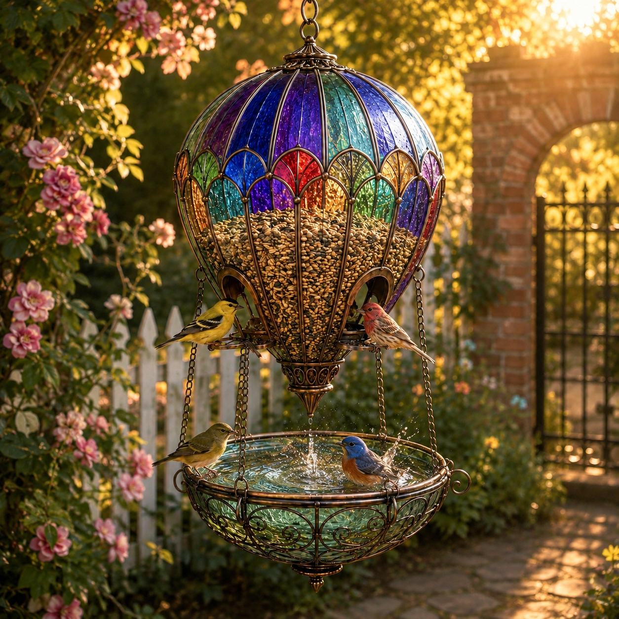 🌈 Stained Glass Hot Air Balloon Bird Feeder Fountain🐦