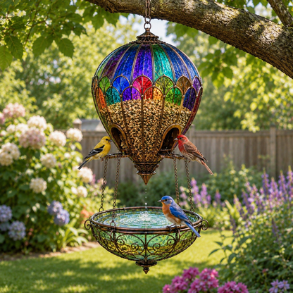 🌈 Stained Glass Hot Air Balloon Bird Feeder Fountain🐦