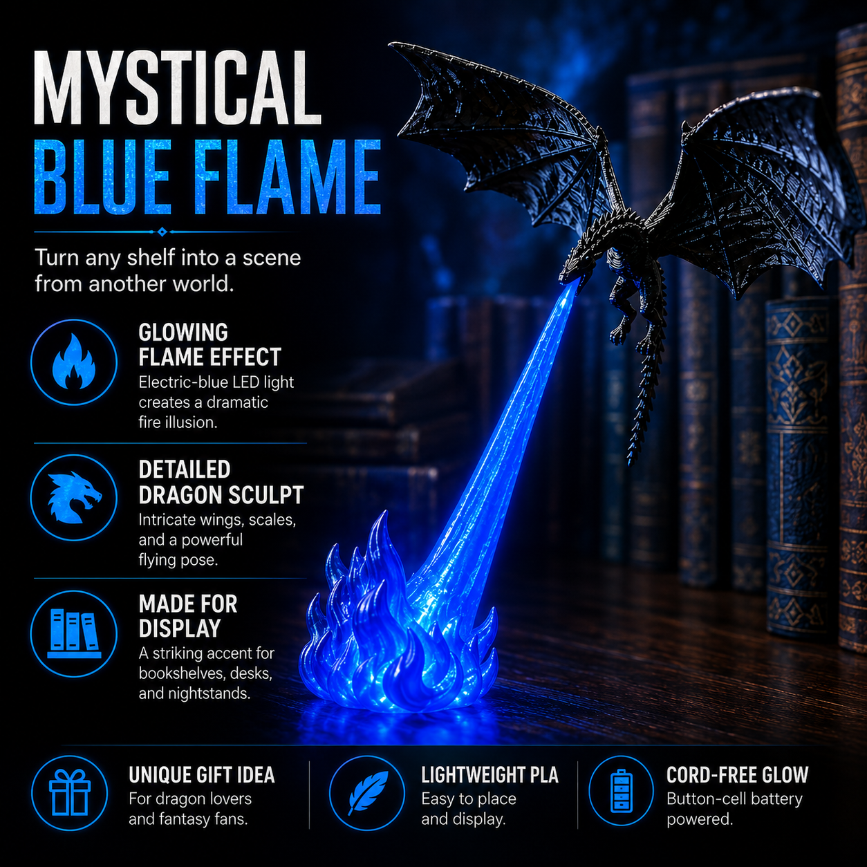 🔥 HOT SALE 🐉| 3D Fire-Breathing Dragon LED Display – Fantasy Bookshelf Decor with Glowing Flame