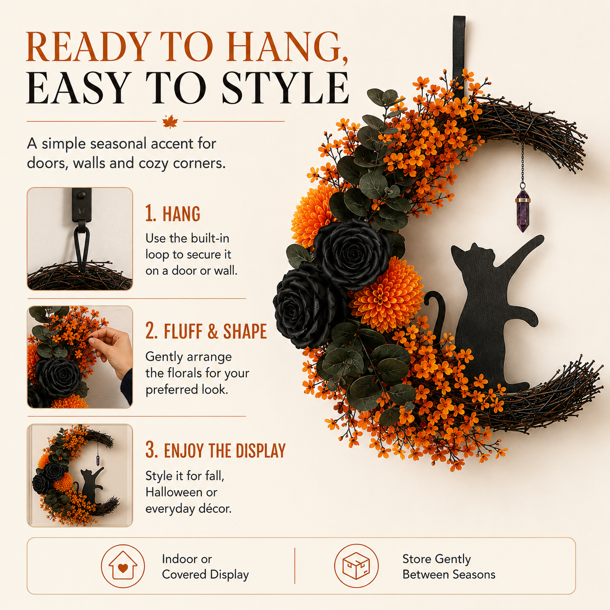 ✨Handmade Halloween Cat Wreath🐈‍⬛🌙