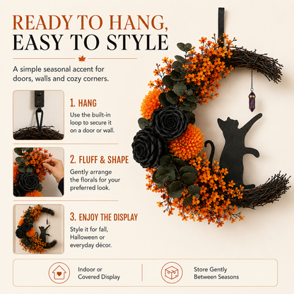 ✨Handmade Halloween Cat Wreath🐈‍⬛🌙