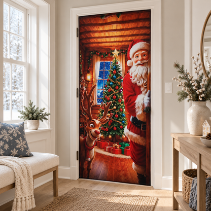 Christmas Door Cover Elastic Santa Reindeer Snowman Xmas Tree Decoration