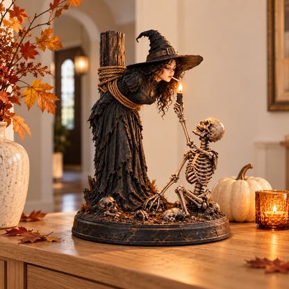 🖤 Light-Up Witch & Skeleton Gothic Figurine | Dark Halloween Tabletop Scene with Glowing Flame Detail 🔥