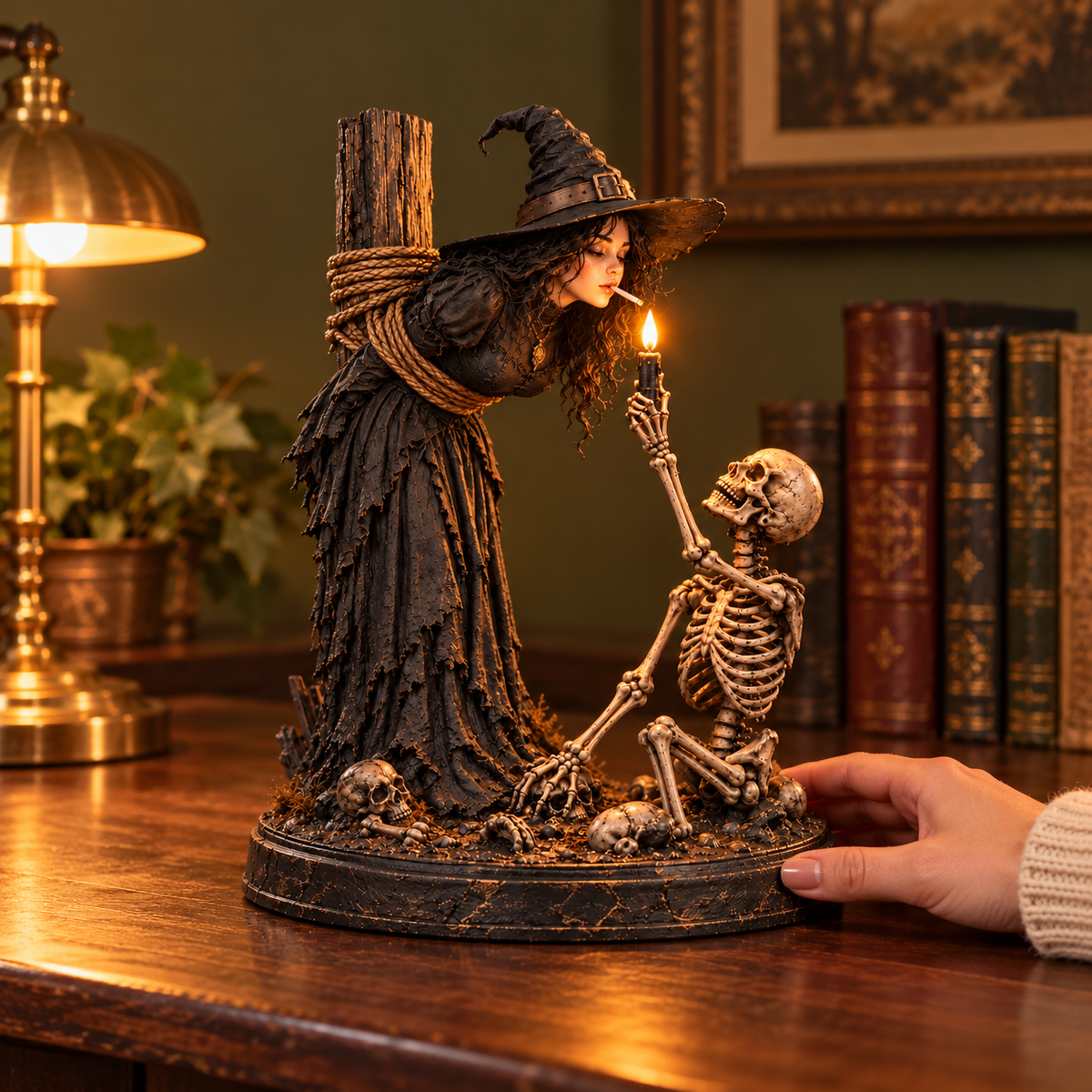 🖤 Light-Up Witch & Skeleton Gothic Figurine | Dark Halloween Tabletop Scene with Glowing Flame Detail 🔥
