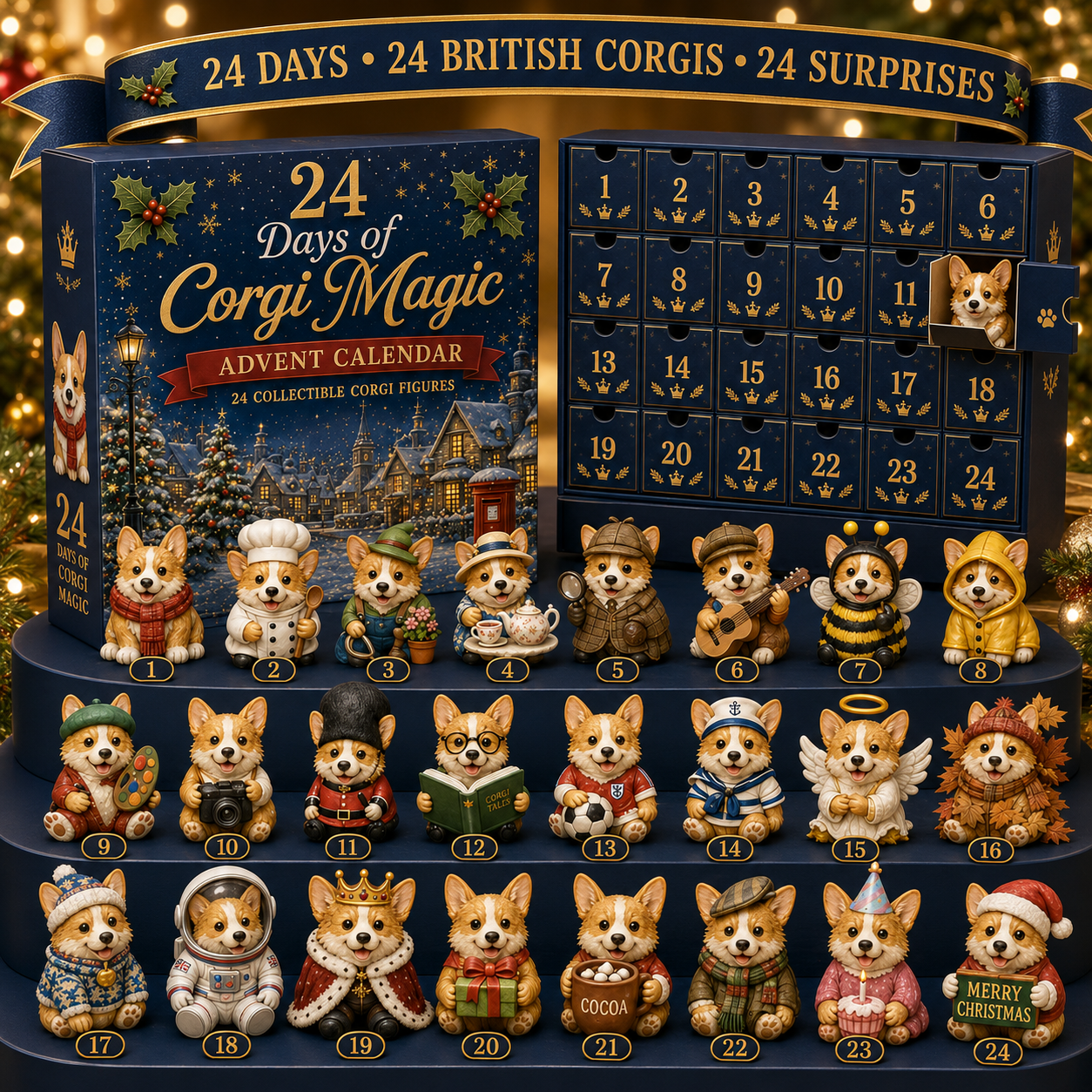2026 British Corgis Blind Box - 24‑Day Festive Countdown, Corgi Figurines Blind Box - Gift For Corgi Lovers