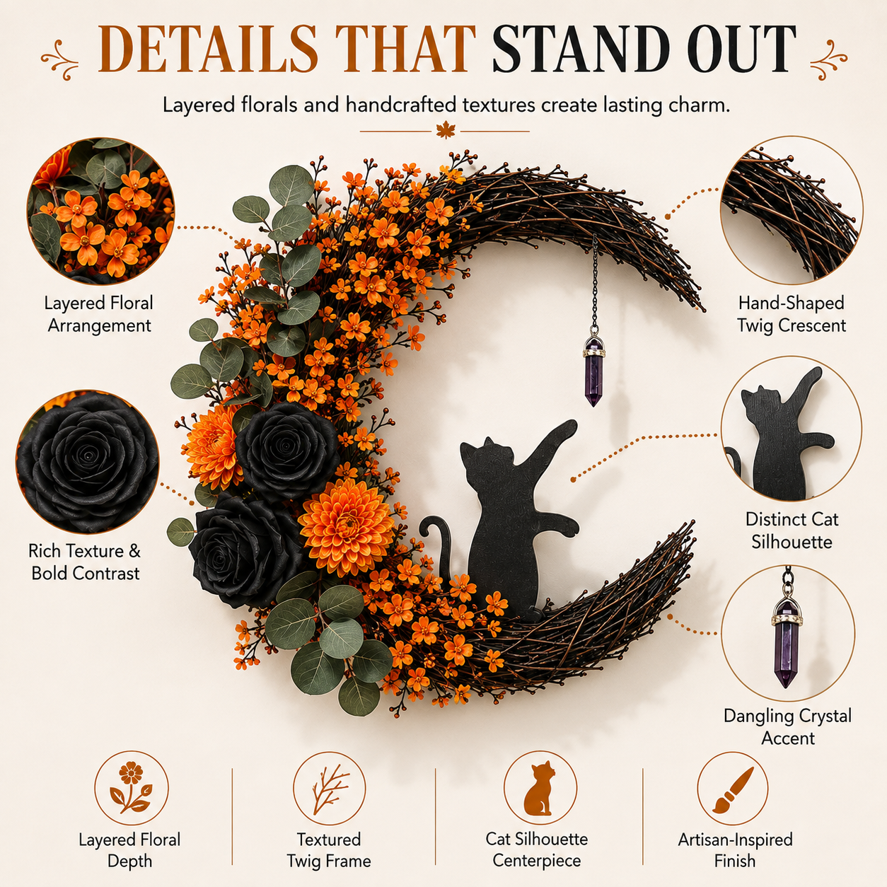 ✨Handmade Halloween Cat Wreath🐈‍⬛🌙