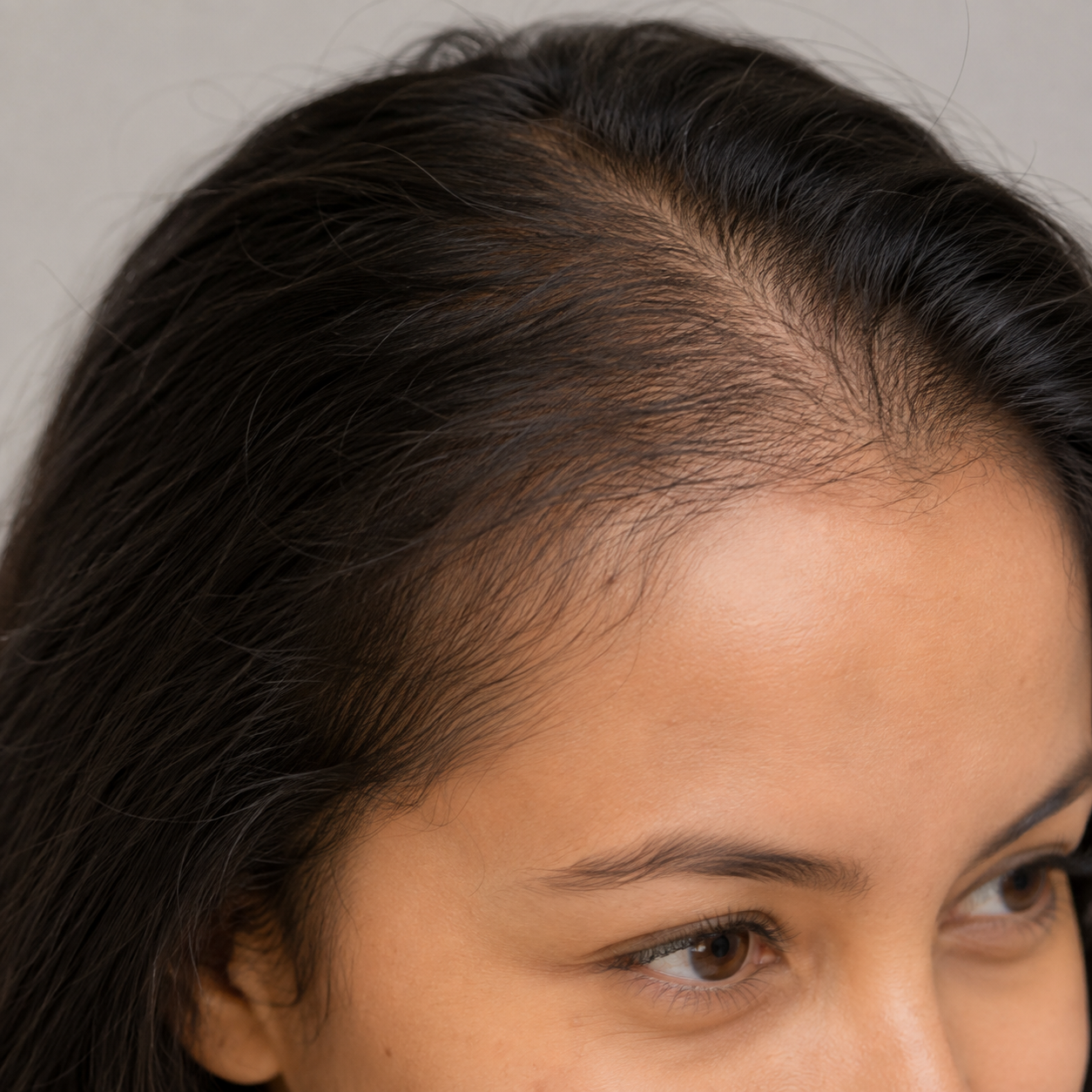 Hair with flatter-looking roots and visible loss of volume