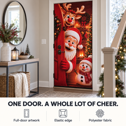Christmas Door Cover Elastic Santa Reindeer Snowman Xmas Tree Decoration