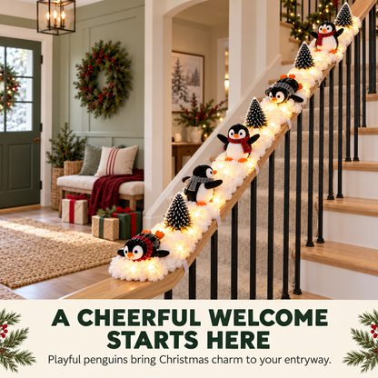 Playful Penguin Snowy Stair Railing Decor