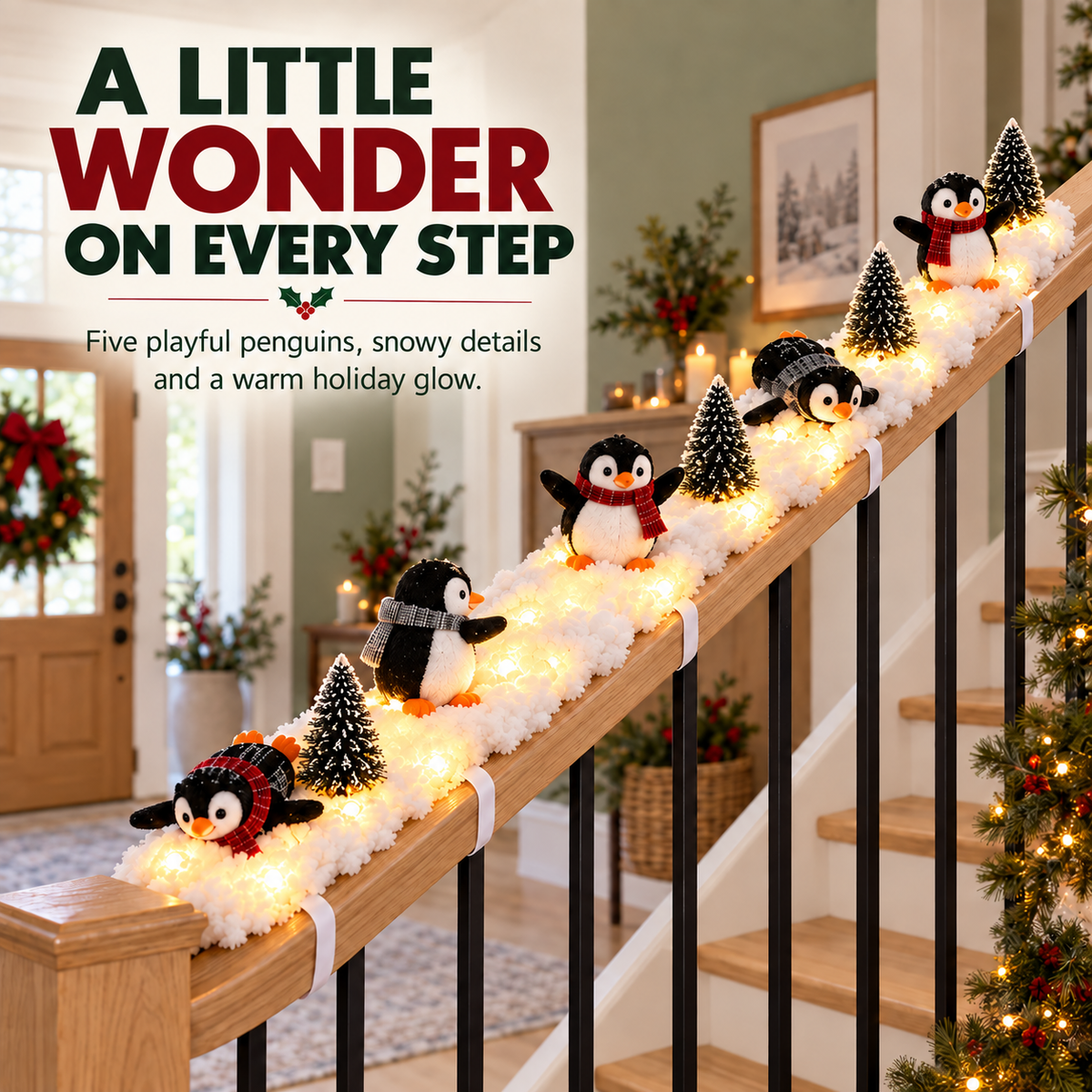 Playful Penguin Snowy Stair Railing Decor