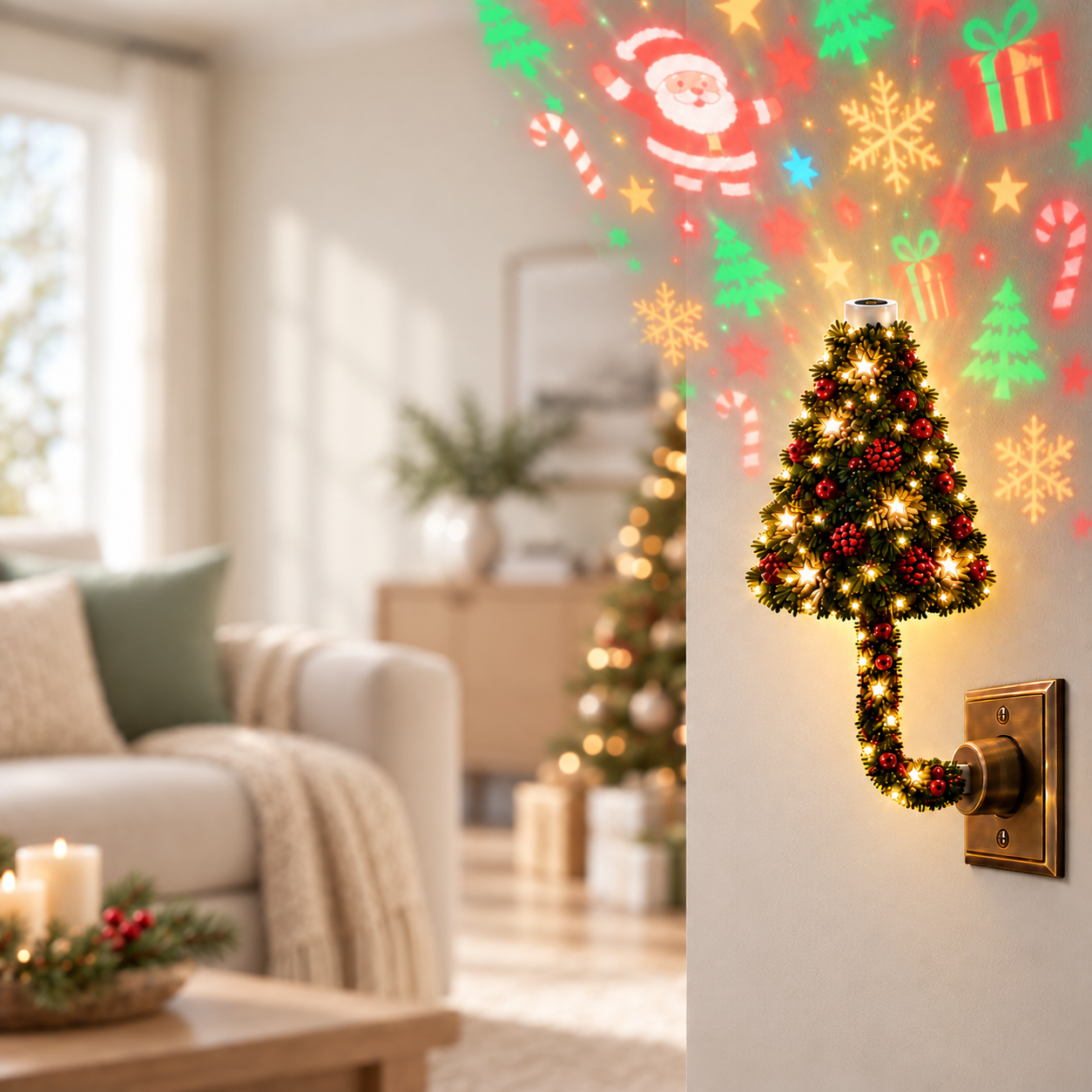 Tree-shaped light projecting Christmas scenes across a wall