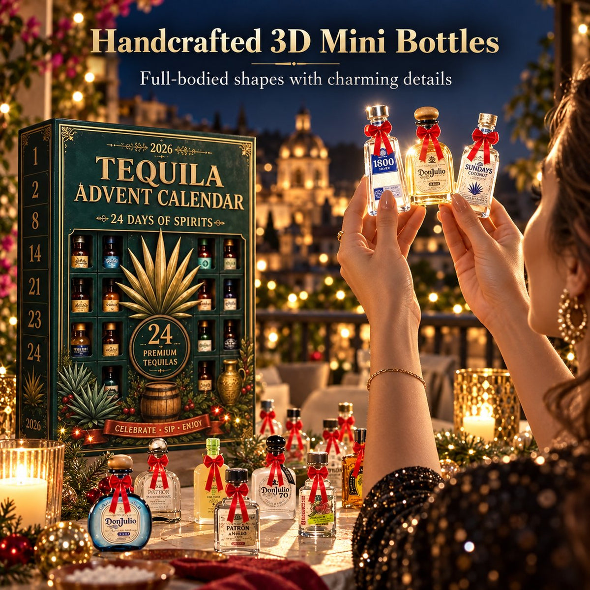 24‑Day Mini Tequila Bottle Advent Box, Holiday Countdown Bar & Tabletop Decor