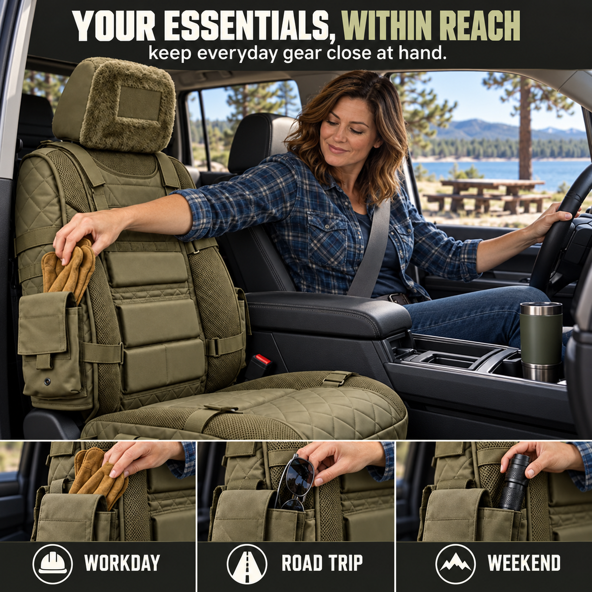 🚙 Durable Tactical Truck Seat Cover✨ Storage, Protection & All-Day Comfort