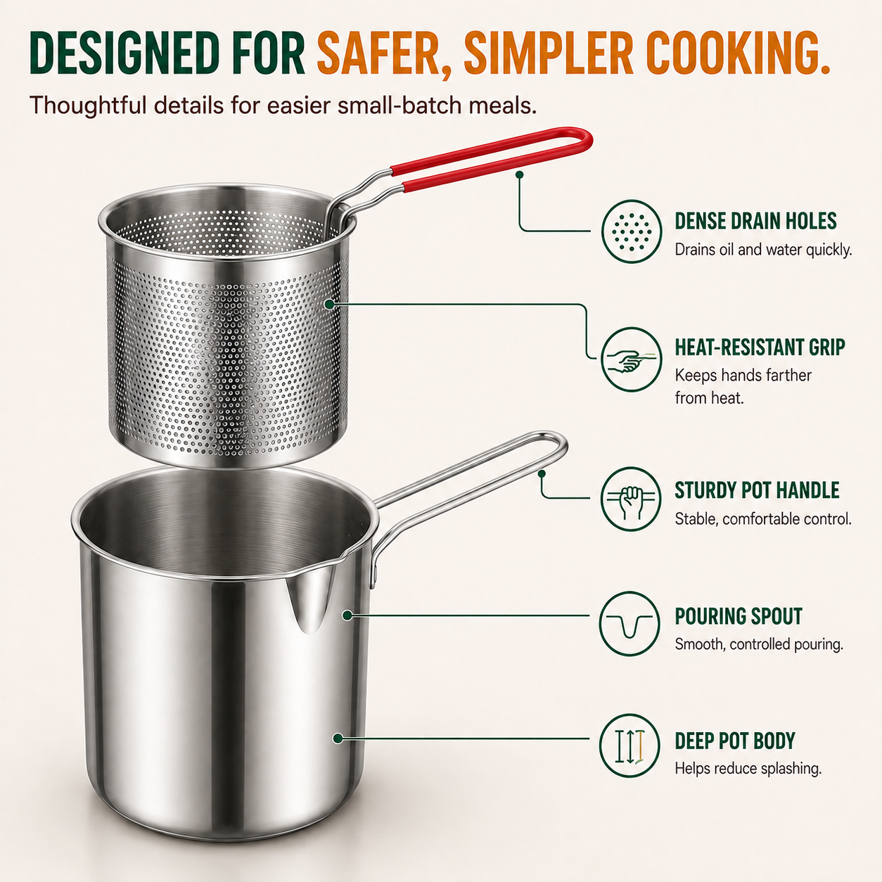2026🔥🍟 Personal Mini Deep Fryer Set – Stainless Steel Pot with Lift-Out Draining Basket & Food Tongs