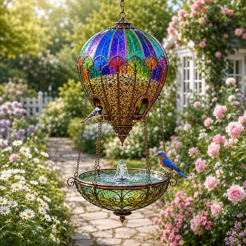 🌈 Stained Glass Hot Air Balloon Bird Feeder Fountain🐦