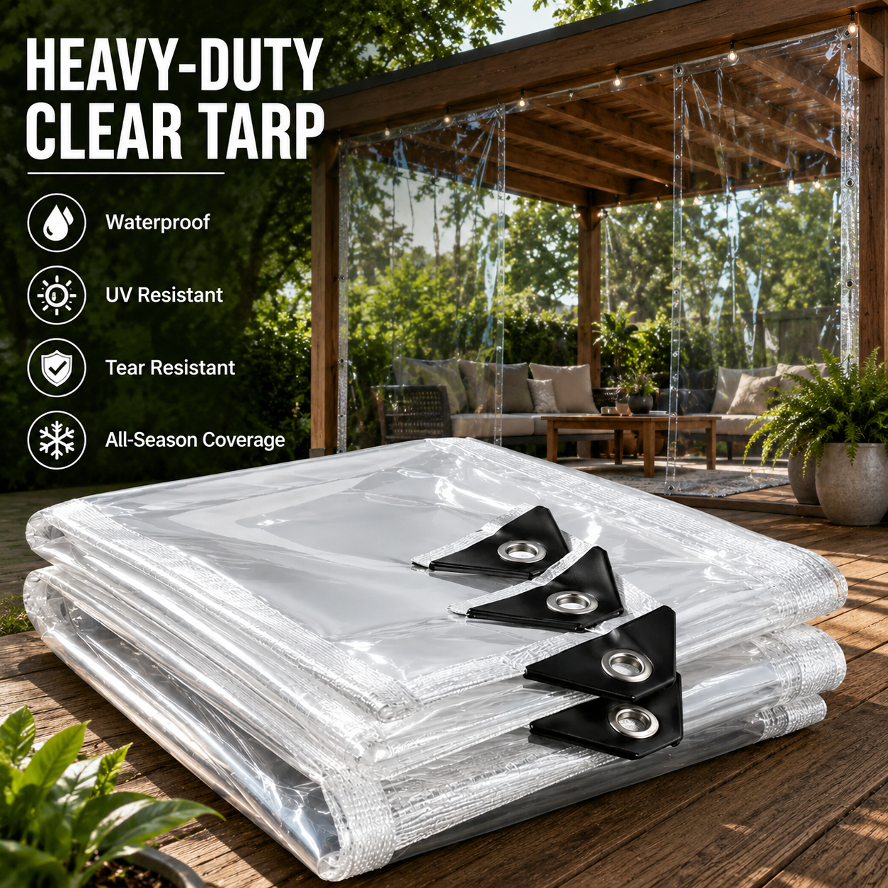 Clear Waterproof PE Tarp, Transparent Outdoor Cover with Metal Grommets🛡️