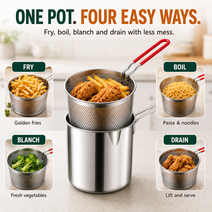 2026🔥🍟 Personal Mini Deep Fryer Set – Stainless Steel Pot with Lift-Out Draining Basket & Food Tongs