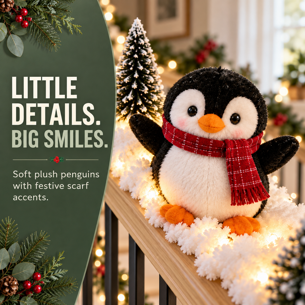 Playful Penguin Snowy Stair Railing Decor