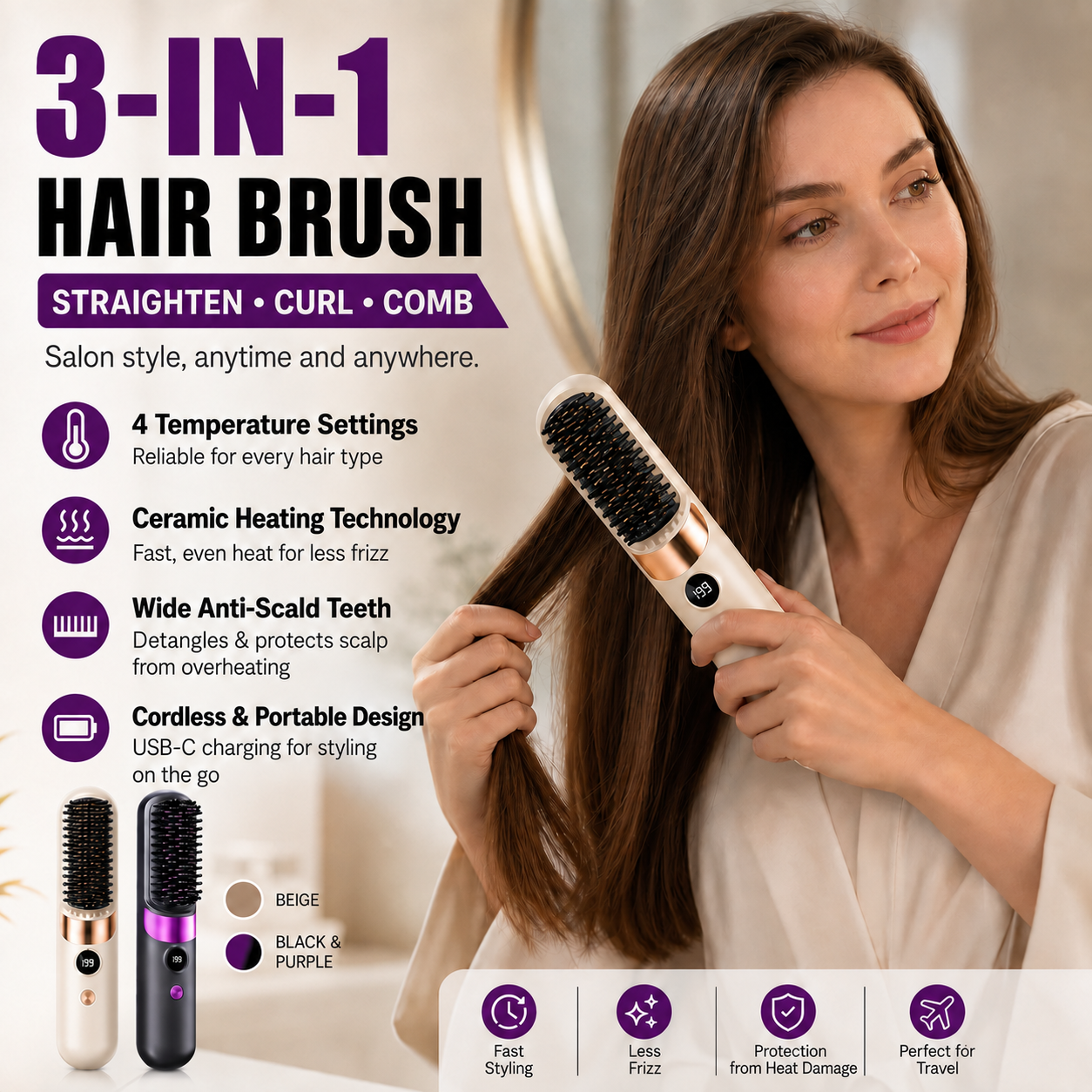💇‍♀️🔥 3-in-1 Cordless Hair Straightening Brush – Straighten, Curl & Detangle – USB-C Rechargeable with 4 Heat Settings – Perfect Hair Anywhere! ✨