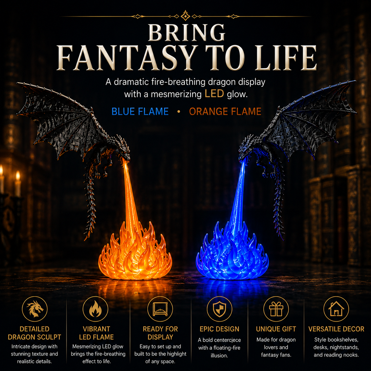 🔥 HOT SALE 🐉| 3D Fire-Breathing Dragon LED Display – Fantasy Bookshelf Decor with Glowing Flame