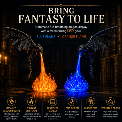 🔥 HOT SALE 🐉| 3D Fire-Breathing Dragon LED Display – Fantasy Bookshelf Decor with Glowing Flame