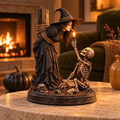 🖤 Light-Up Witch & Skeleton Gothic Figurine | Dark Halloween Tabletop Scene with Glowing Flame Detail 🔥