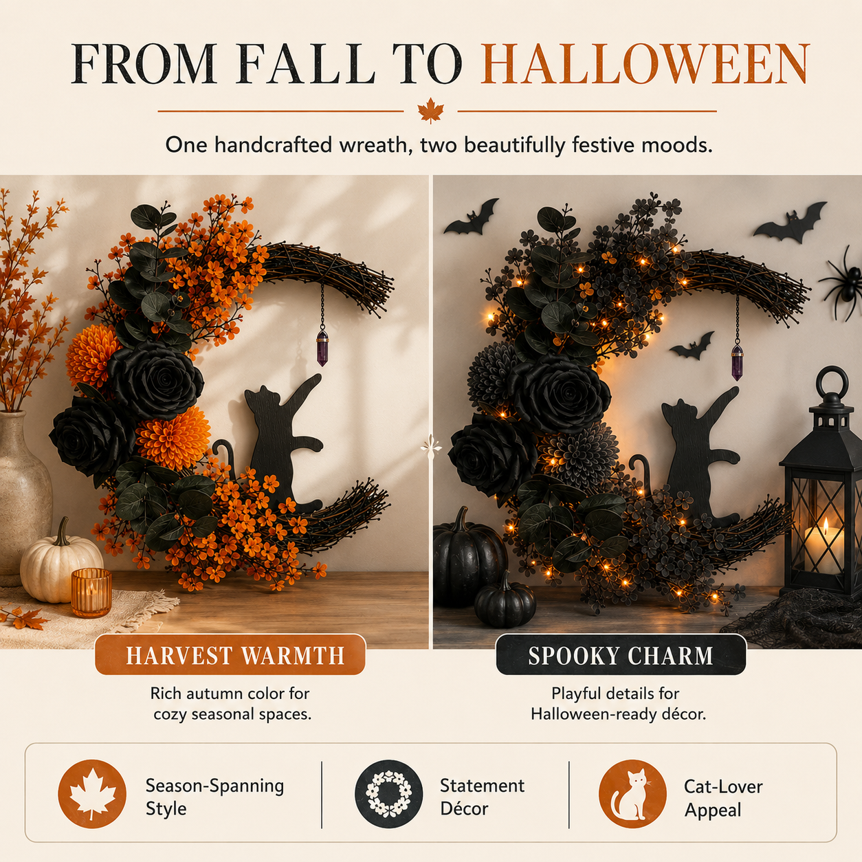 ✨Handmade Halloween Cat Wreath🐈‍⬛🌙